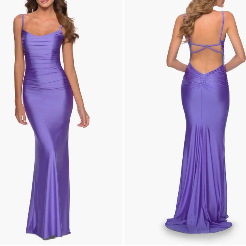 Strappy Back Ruched Trumpet Gown La Femme NWT sz 8 periwinkle